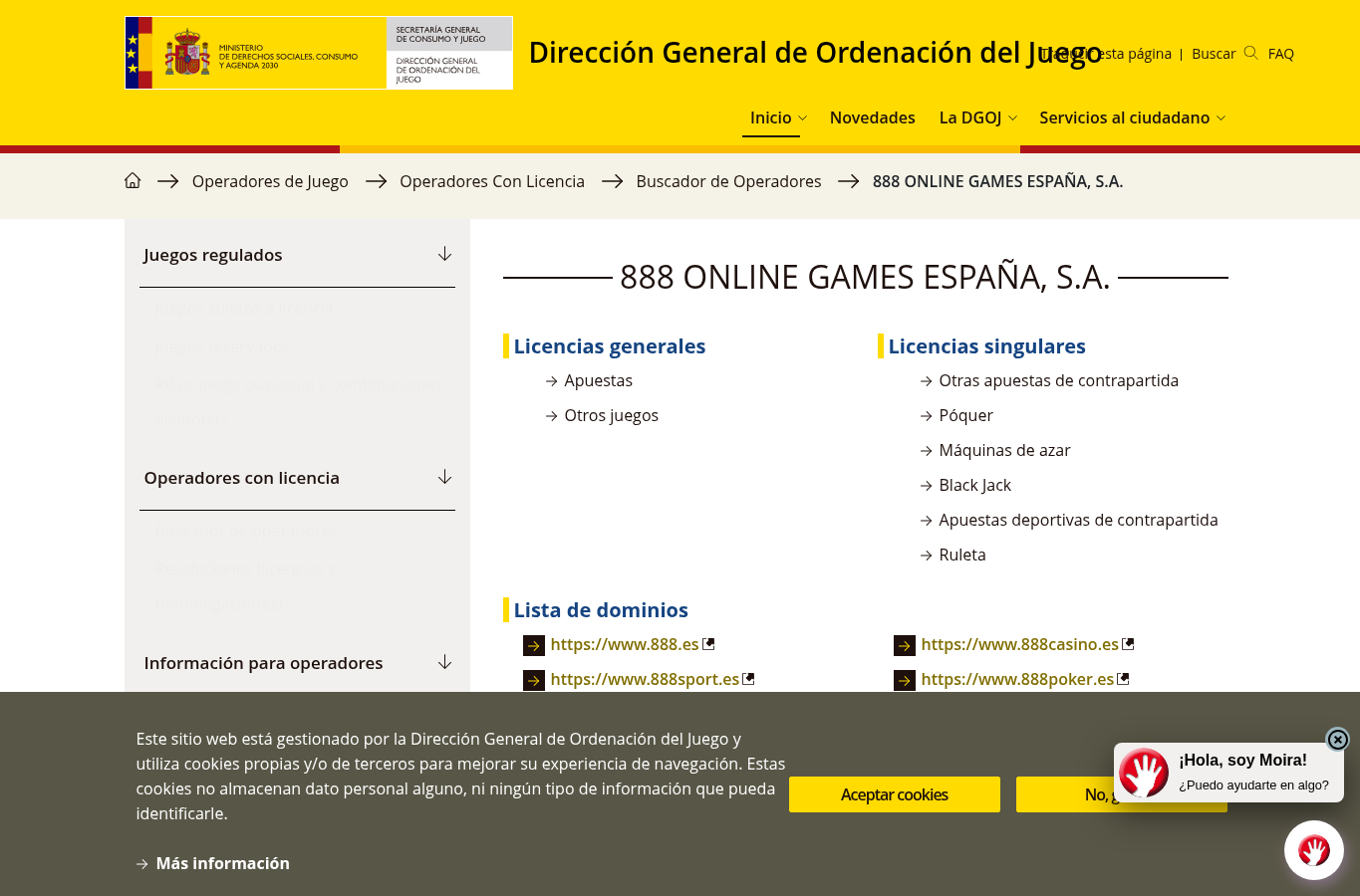 Captura del registro de la DGOJ para el operador