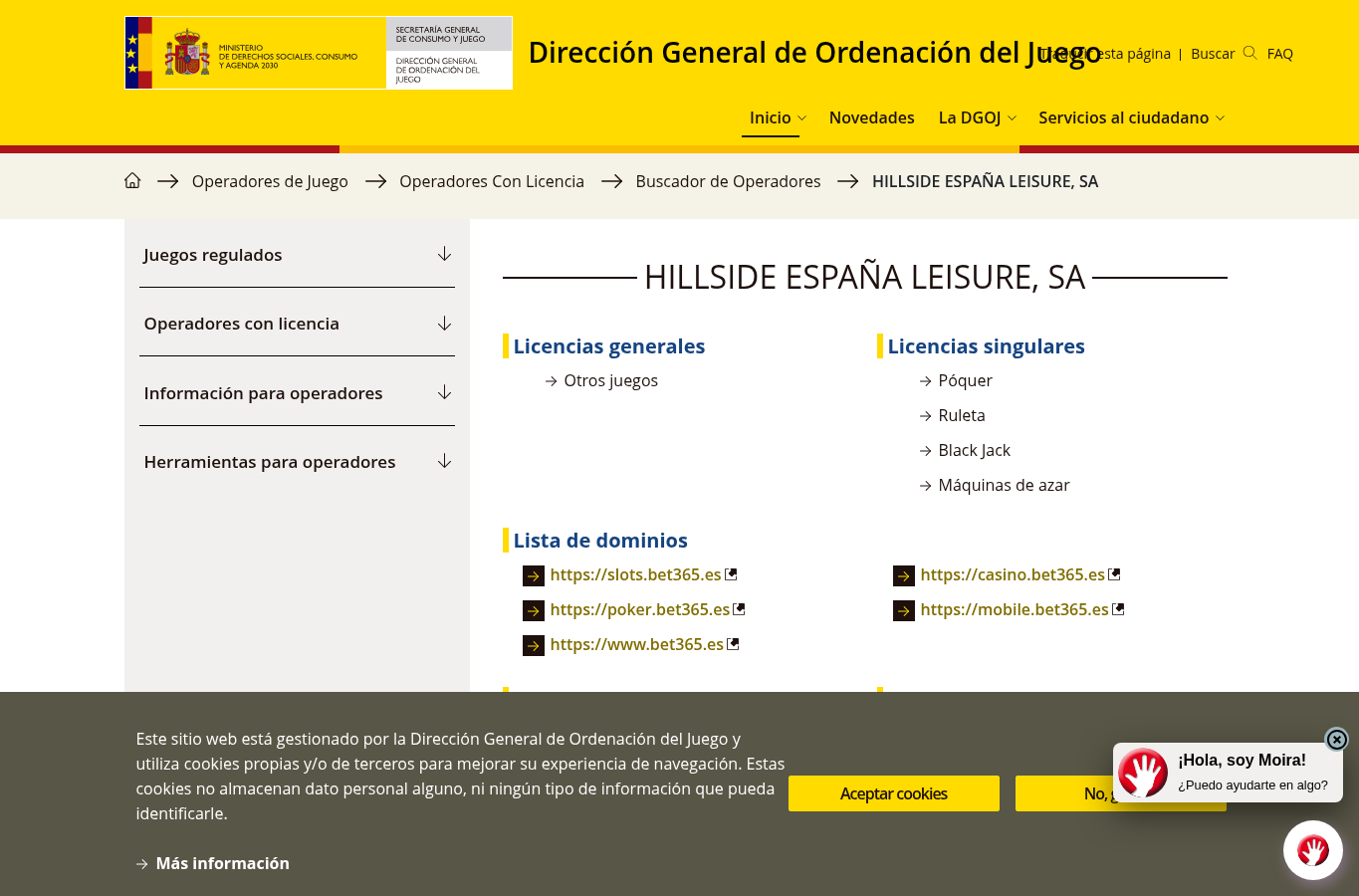 Captura suministrada de la ficha de Bet365 en la DGOJ