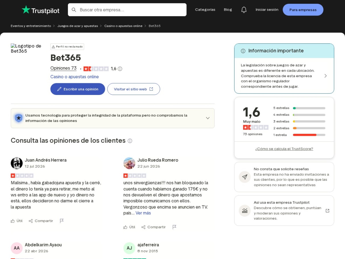 Captura suministrada de opiniones asociadas a Bet365