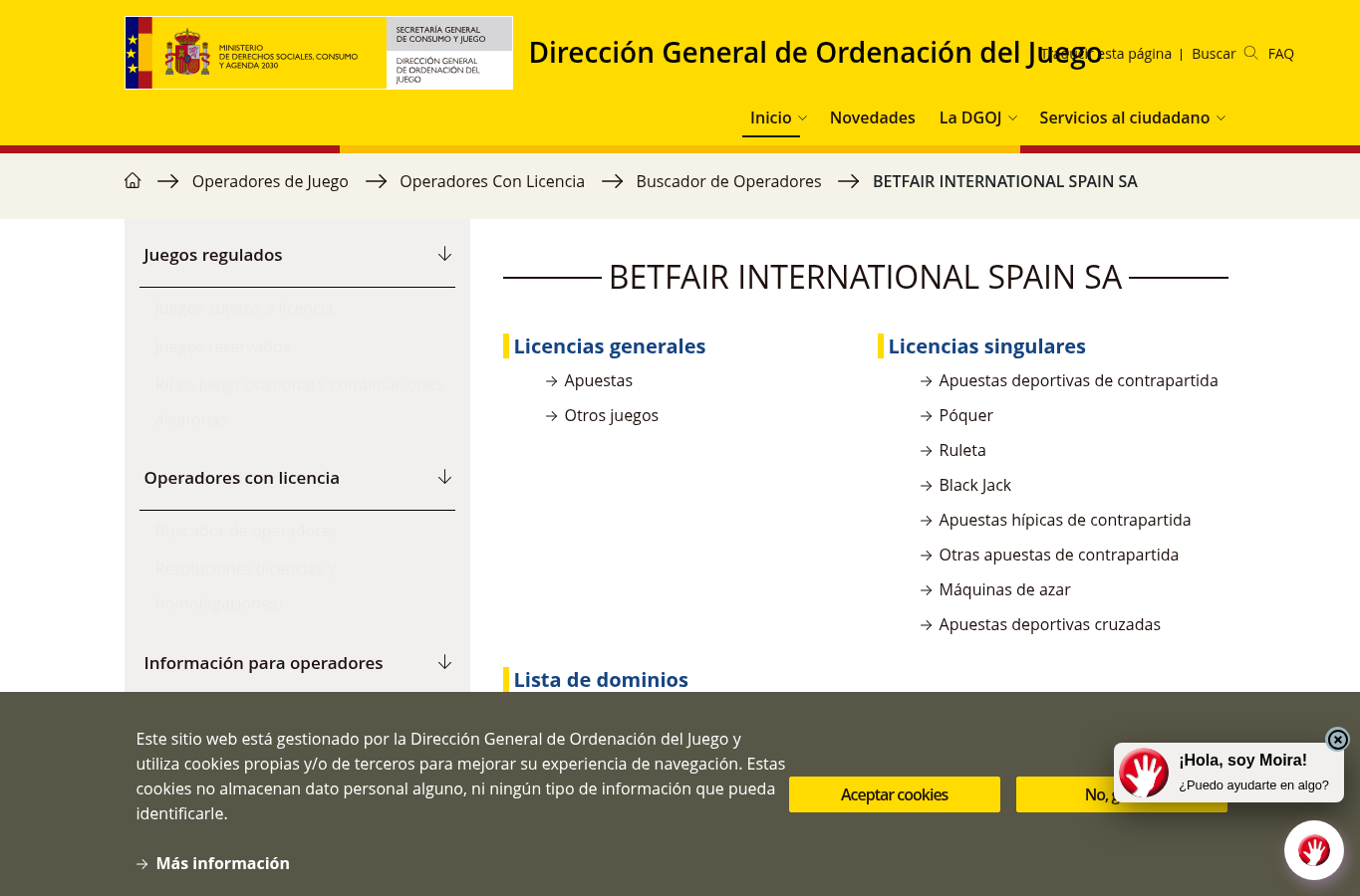 Captura de la ficha de la DGOJ para el operador