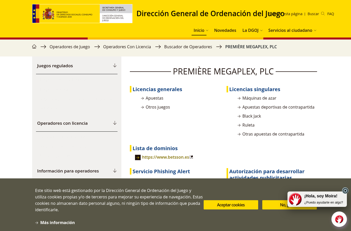 Captura del registro de la DGOJ para PREMIÈRE MEGAPLEX, PLC y betsson.es