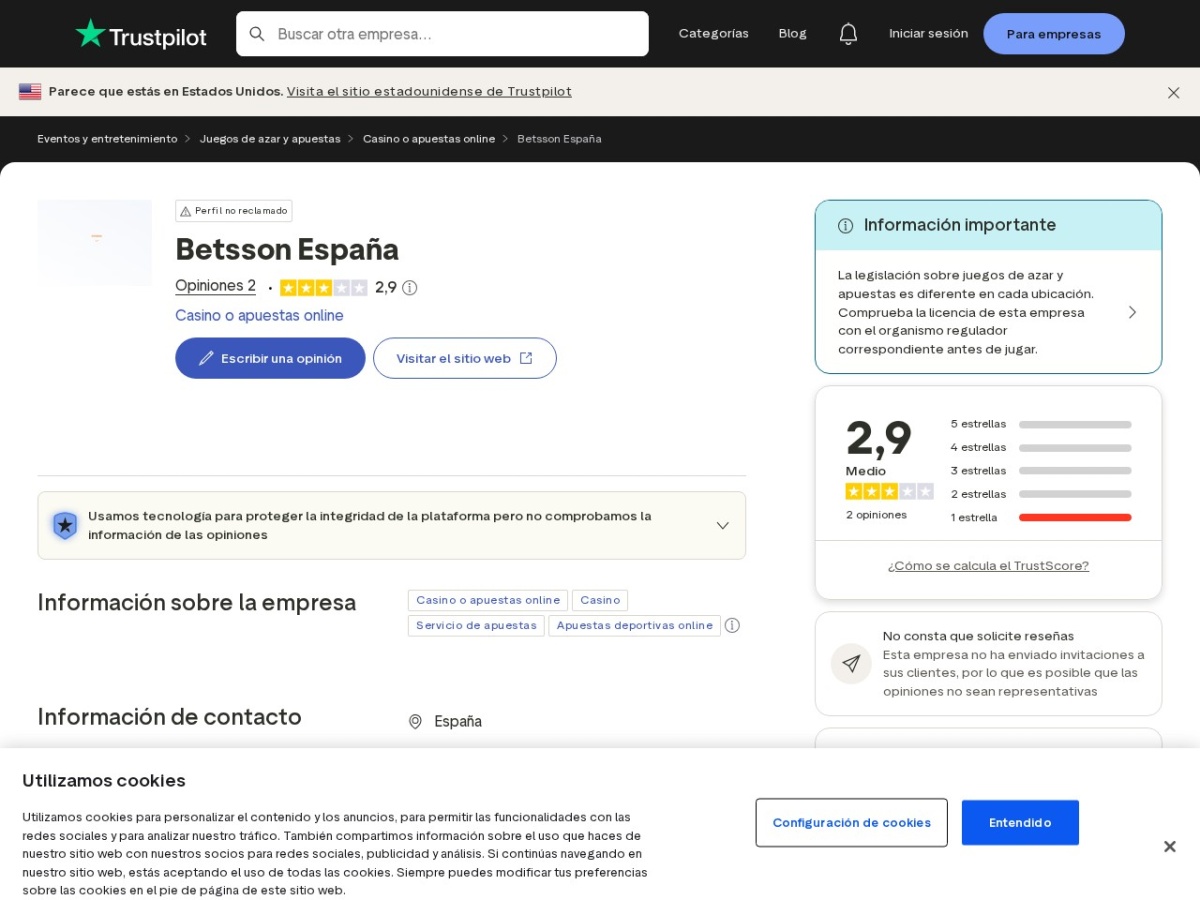 Captura suministrada de opiniones públicas asociadas a Betsson