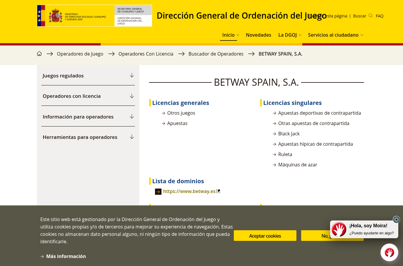 Captura suministrada de la ficha de operadores de la DGOJ
