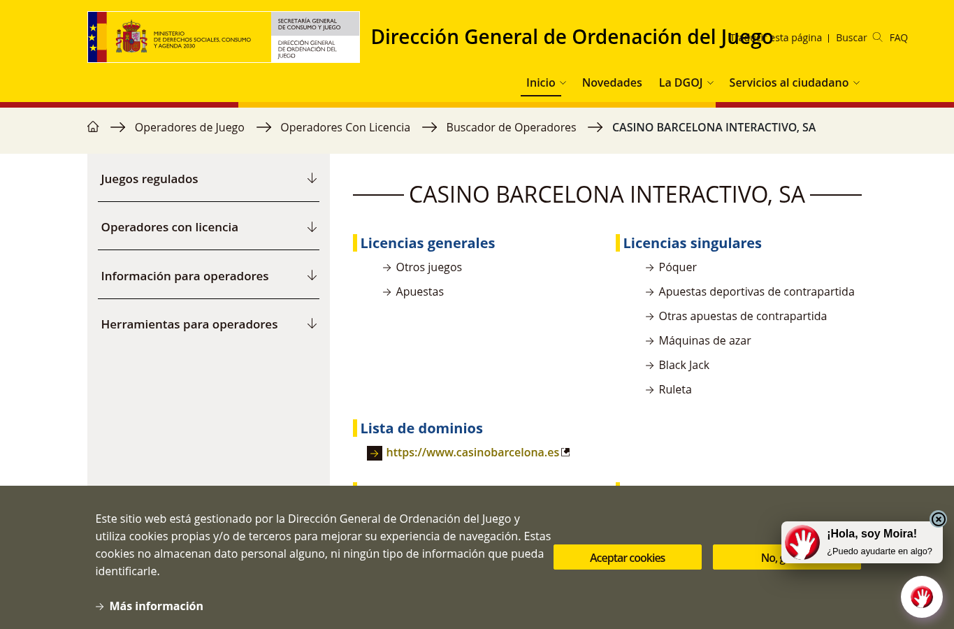 Captura suministrada del registro de la DGOJ para el operador y el dominio revisados