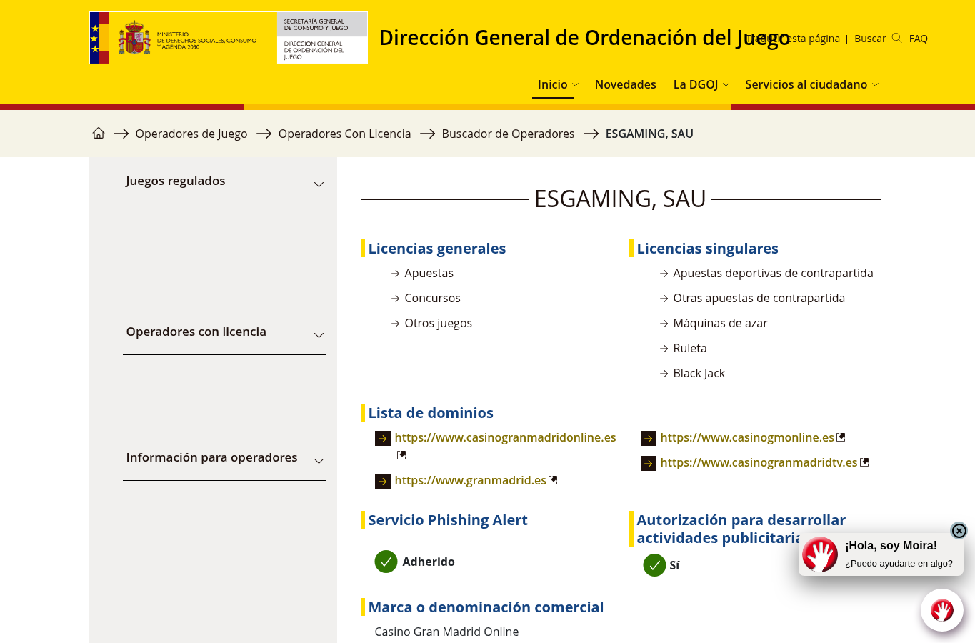 Captura suministrada del registro de la DGOJ para ESGAMING, SAU