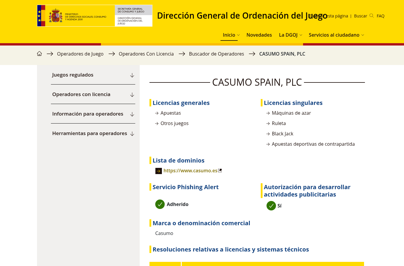 Captura suministrada del registro de la DGOJ