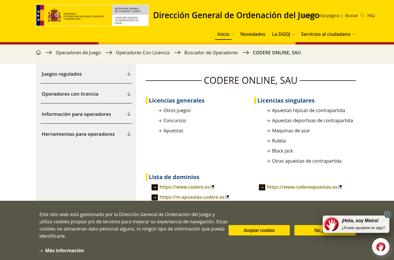 Captura del registro de la DGOJ correspondiente al operador
