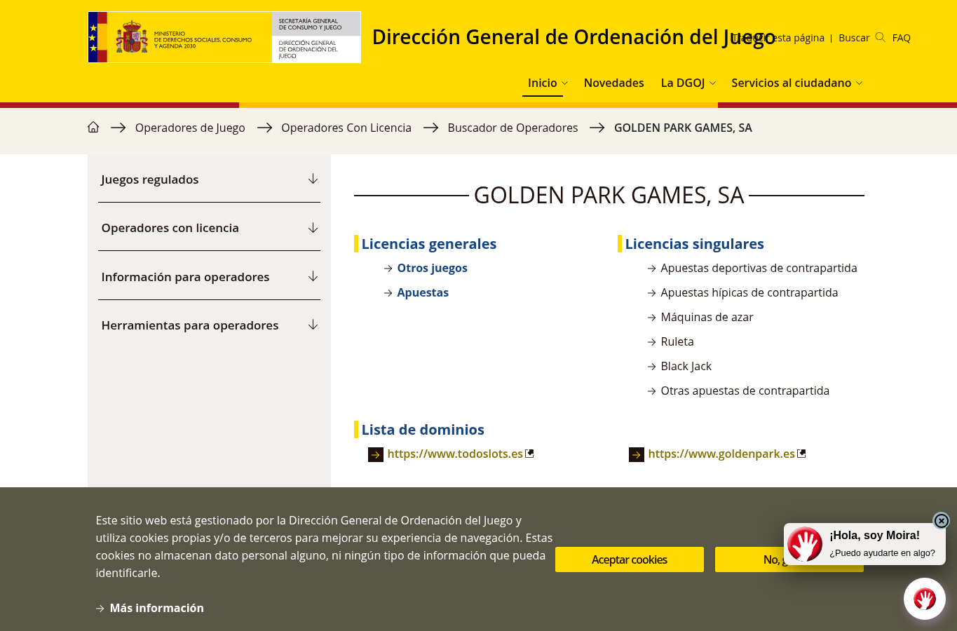 Captura del registro DGOJ correspondiente a GOLDEN PARK GAMES, SA