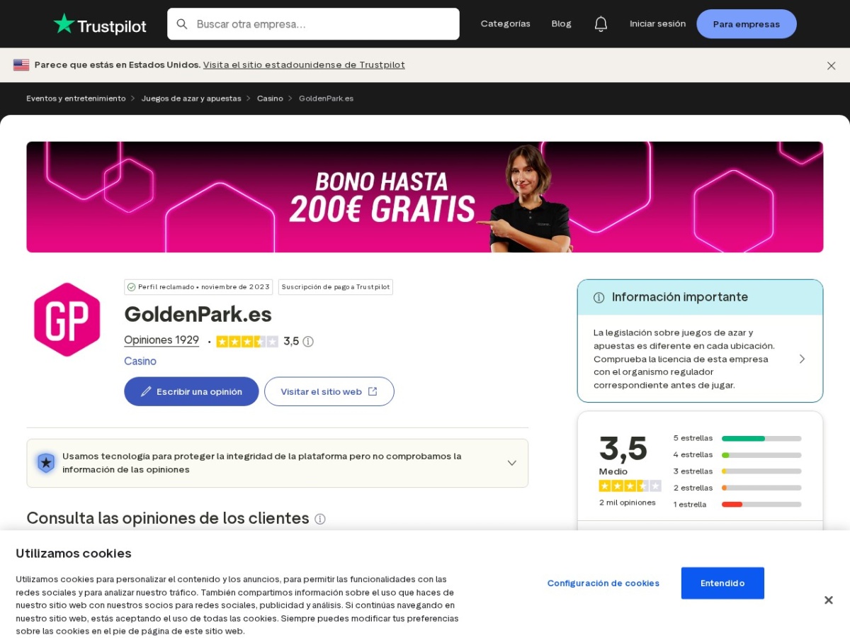 Captura contextual del perfil público de opiniones asociado a goldenpark.es