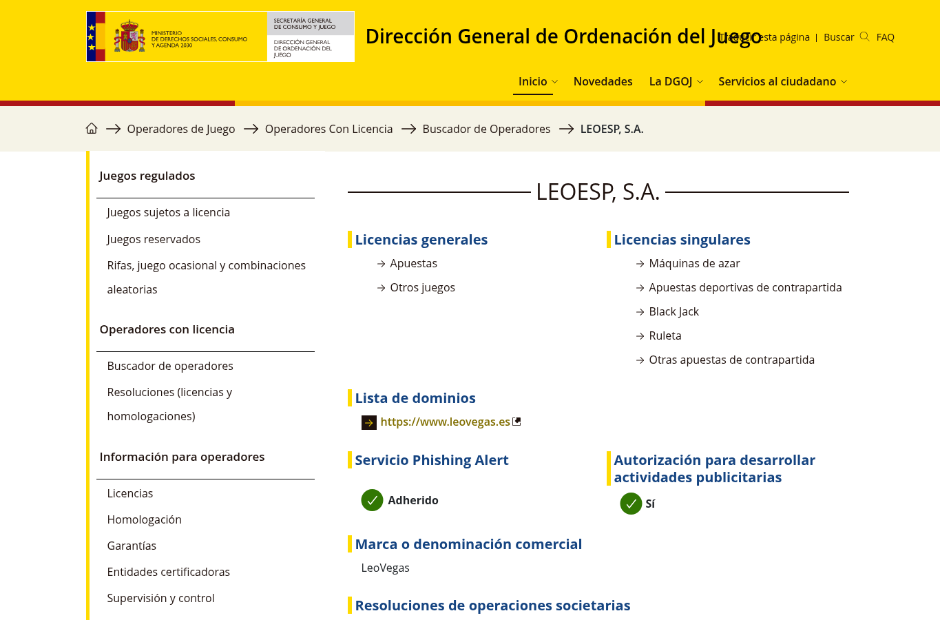 Captura del registro de la DGOJ para LEOESP, SA y leovegas.es