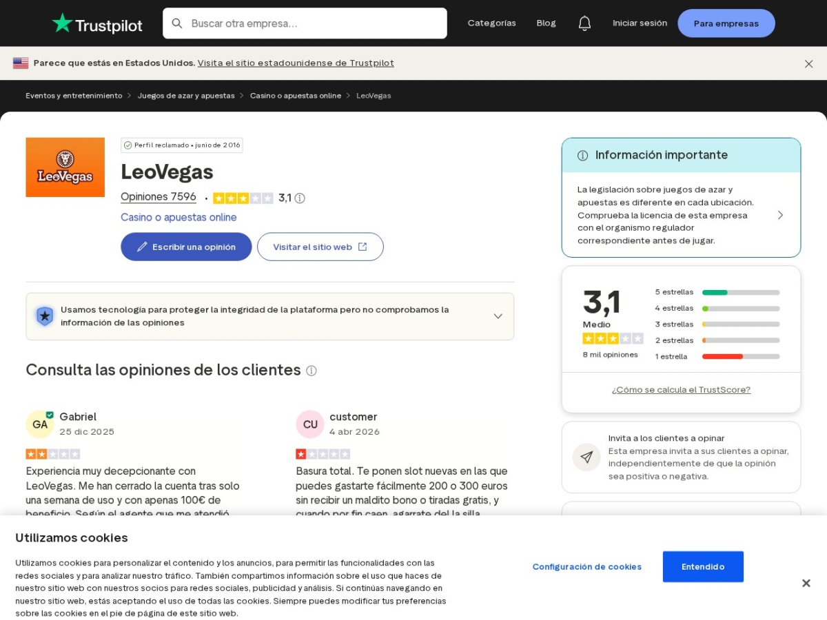 Captura contextual del perfil público de opiniones asociado a LeoVegas
