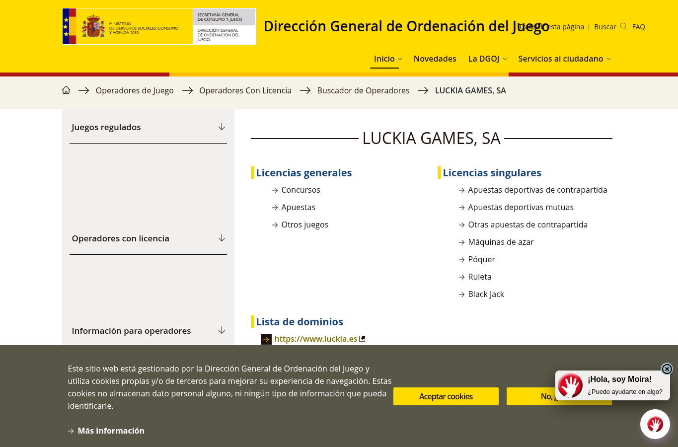 Captura de la ficha oficial de la DGOJ que vincula el dominio y el operador