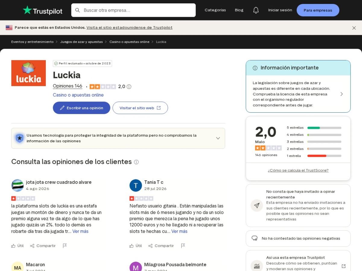 Captura contextual de un perfil público de opiniones asociado a Luckia