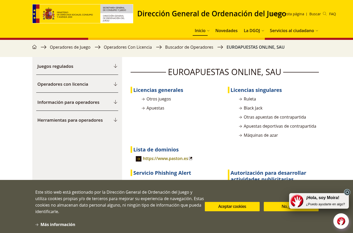 Captura del registro de la DGOJ con el operador, dominio y títulos