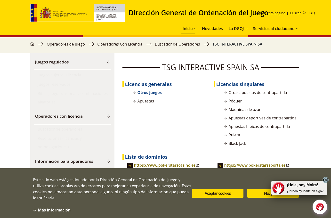 Captura del registro de la DGOJ para TSG INTERACTIVE SPAIN SA