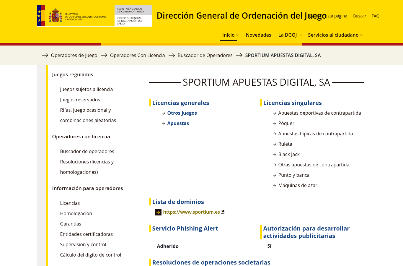 Captura suministrada de la ficha de SPORTIUM APUESTAS DIGITAL, SA en la DGOJ