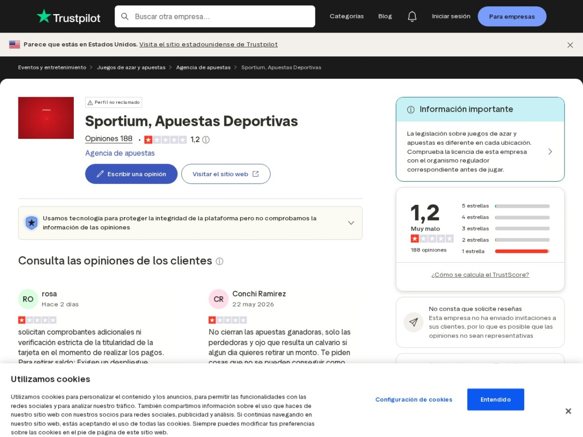Captura suministrada del perfil público de opiniones asociado a Sportium