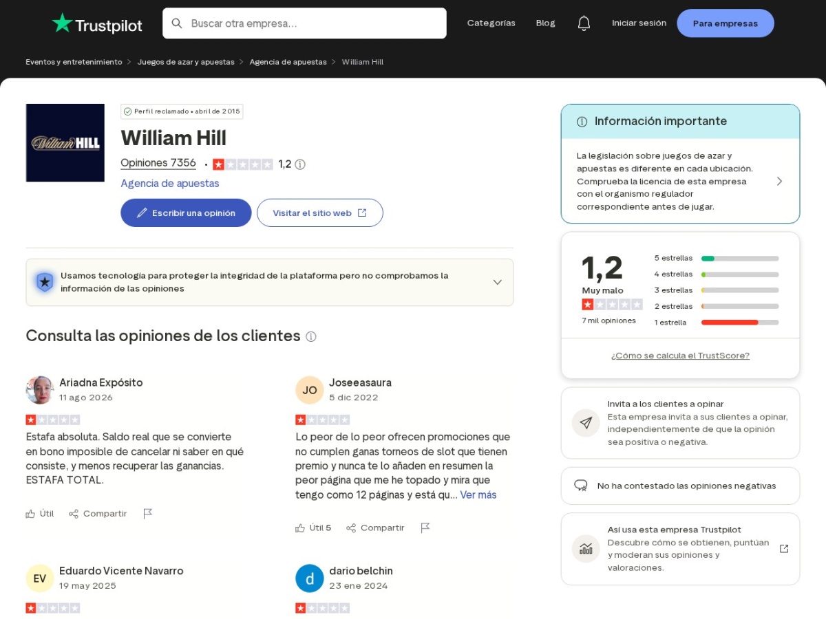 Captura suministrada de opiniones públicas asociadas a William Hill