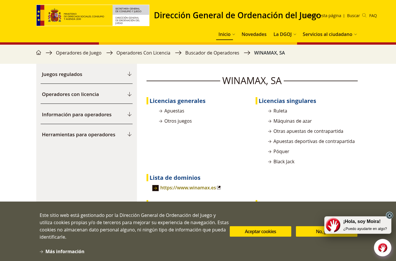 Captura suministrada de la ficha de Winamax en la DGOJ